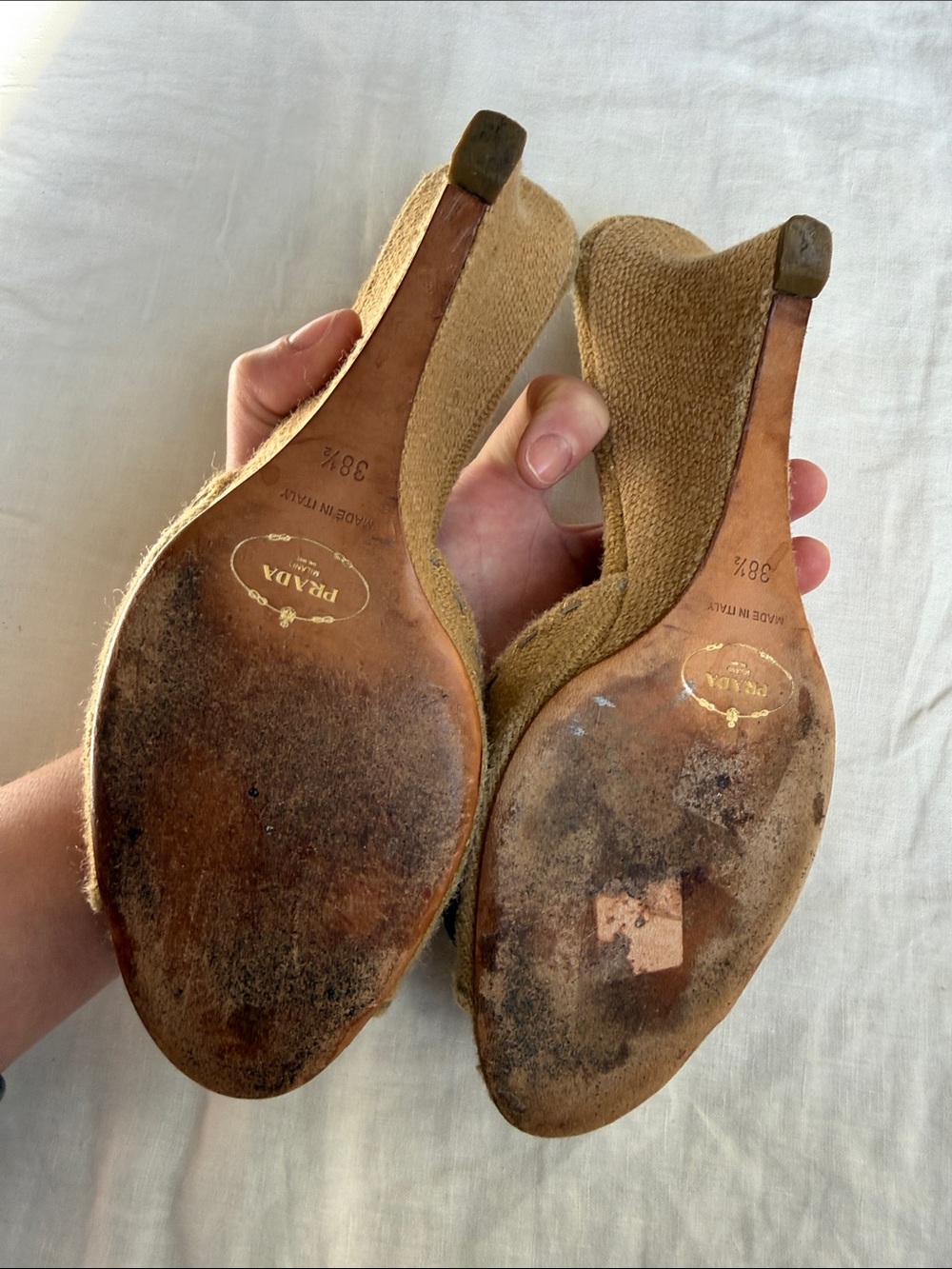 Vintage Prada Tan Embellished Wedges Sandals with Purple Stones - Picture 4 of 5